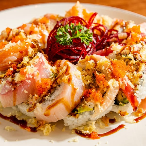 Large sushi roll topped with salmon, tuna, roe, crispy tempura, sauce, and a red vegetable garnish.