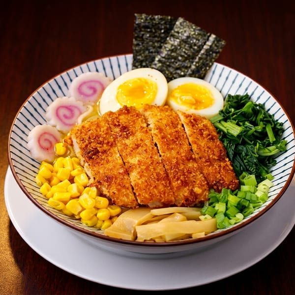 Ramen bowl with katsu, soft-boiled eggs, corn, greens, narutomaki, nori, and bamboo shoots.