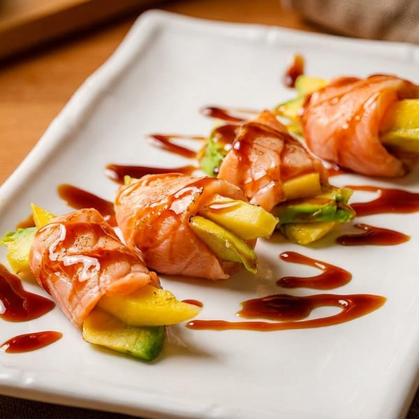 Three salmon rolls filled with avocado and mango, drizzled with a dark sauce on a white plate.