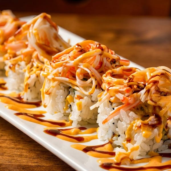A long white plate holds several sushi rolls topped with crab, orange sauce, and dark drizzles.